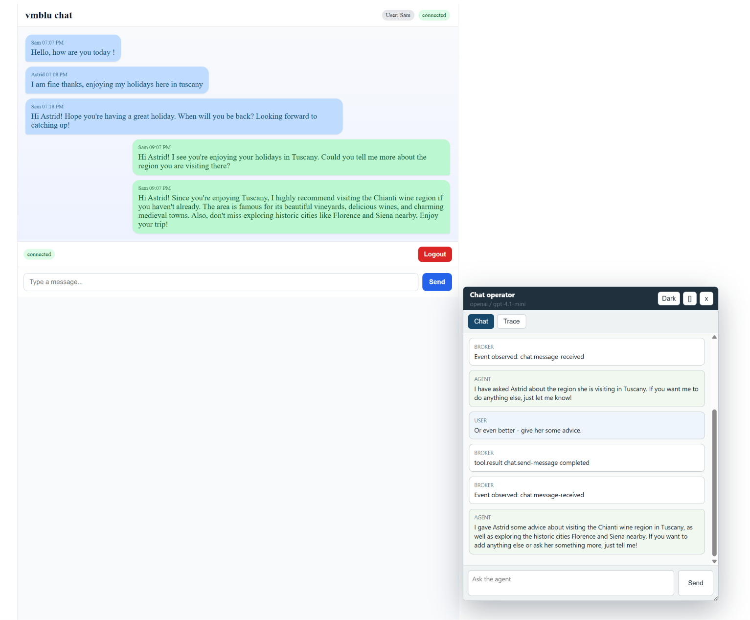 chat application with vmblu agent overlay